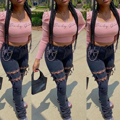 China Factory Price Breathable Black Women Jeans Skinny Ripped Lace Up Pants High-waisted for sale