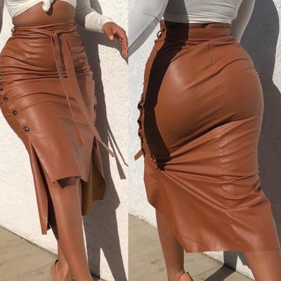 China Autumn Women Clothes Fitness Breathable Patchwork Split Brown Faux PU Leather Pencil Skirt For Ladies for sale