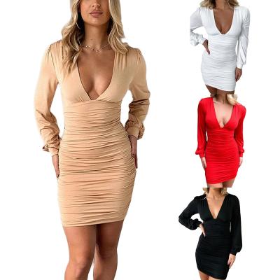 China Solid Color Breathable Wholesale Sexy V-Neck Direct Selling Long Sleeve Hip Wrap Dress Women Dress for sale