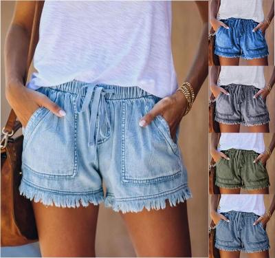 China 2021 Newest Summer Amazon Waist Drawstring Casual High Waist Show Womens Jeans Slim Viable Shorts for sale