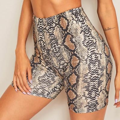 China Sustainable Womens Sports Pants With Leopard Print Stitching Bands Elastic Waistband Waist And Hip Lifting Shorts for sale