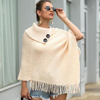 China European and American half anti-shrink open sweater women's solid color tassel coat shawl button neck sweater for sale