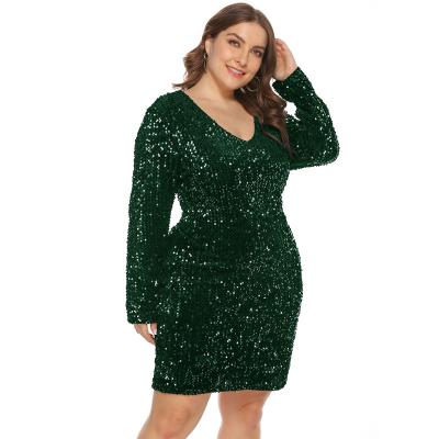 China Sexy Solid Sleeve V-neck Long Sleeve Anti-allergy Nightclub Sequin Bag Tight Hip Plus Size Women's Dress for sale