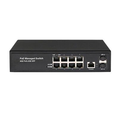 China Full VLAN Support 8GE+2SFP Gigabit Managed PoE Switch with 1-8 PoE Ports and 1*Port IEEE802.3af/at Supports 14.44Mpps/270mm*220mm*70mm Console for sale