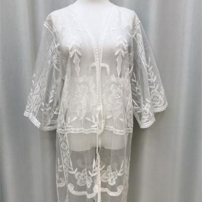 China Soft touch feeling 2022 spring sunscreen shirt seaside holiday bikini gauze lace long loose shirt embroidered cardigan for sale