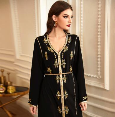 China Modest Muslimah Styling Hand-sewn in China factory manual muslim prom dresses v neckline rhinestone dress with gold trim abaya muslim dresses for woman for sale