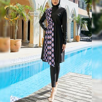 China Modest Muslim Swimwear For Women Anti-UV Digital Set Conservative Loose Beach Wear Printed Burkini 3 Piece Swimsuit Zipper Swimming Suit for sale