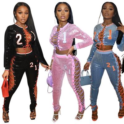 China 2021 Fashion Plus Size Women's Sustainable Custom Sets 2 Pieces Bandage Clothing Shorts 2 Pieces Sexy Sequin Jacket Pencil Set For Woman for sale