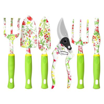 China 6 PCS Garden DIY Tools Tool Kit Floral Print Heavy Duty Aluminum Shears Weeder Rake Shovel Garden Tool Kit for sale