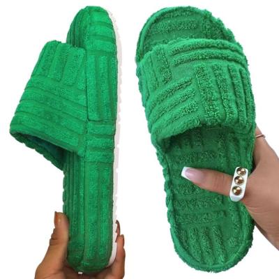 China 2022 Fashion Trend Autumn Winter New Women Indoor Bedroom Embossing Unique Slippers Thick One Word Cotton Terry Towel Slippers Green Pantunflas for sale