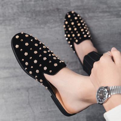 China Fashion Trend Rivet Decoration Suede Leather Loafers Walking Man Personlizar Casual Lazy Slip On Zapatos Sandals Half Mules Slippers Shoes for sale