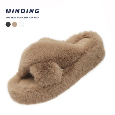 China Female Luxurious Flip Flops Cross Belt Fluffy Slippers Fashion Trend Ladies Fur Slippers High Quality Wholesale Plush Ladies Slippers for sale