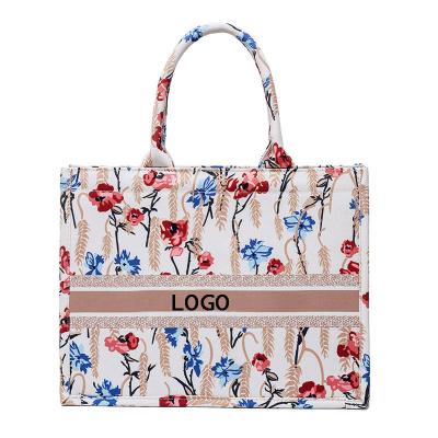 China Recyclable Custom Premium Fashion Ladies Vintage Flowers Printing Canvas Tote Bag Cotton Shopping Bag for sale