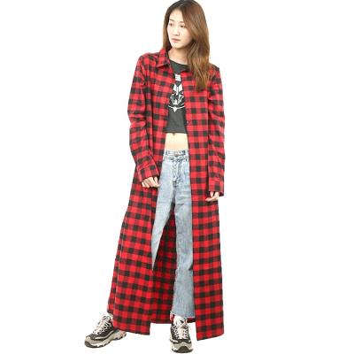 China Spring Belles Anti-Wrinkle Long Polyester Check Red Ladies High Quality Shirt for sale