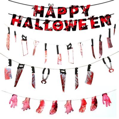 China 2022 New Halloween Decoration Knife Blood Spoof Horror Hanging Paper Pull Flag Ghost Festival Bar Party Backdrops for sale