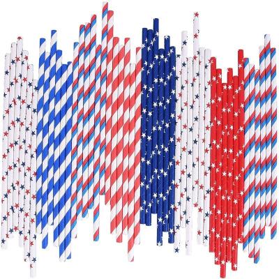 China Independence Day Modern Paper Straws Disposable Drinking Paper Straws With Star Pentagon Red Blue White Stripes For Party Birthday Wedding for sale