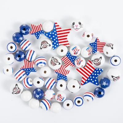 China Patriotic Red White Blue Colored American Flag Hat Star Bead Craft Wooden Bead Independence Day Wooden Bead For DIY Home Decor for sale