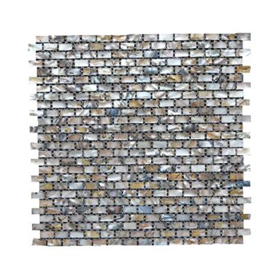 China Shell+9mm Spywood& Black Waterjet Shape Shell Pattern Resin Good Quality ABC Stone 3D Wall Backsplash Pearlescent Brick Mosaic Tile for sale