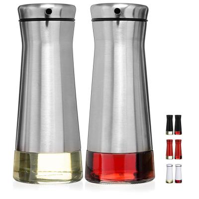 China Sustainable Olive Oil and Vinegar Condiment Serve Dispenser Set with Stylish Glass Bottle and Drip Free Design - Stainless Steel for sale