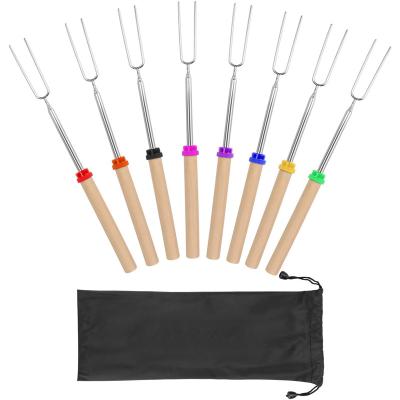 China Easily Cleaned Marshmallow Roasting Sticks With 8Pcs 32Inch Extendable Wooden Handle Forks Set Telescoping Smores Spit For Campfire Fire for sale