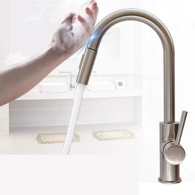 China Sense Faucets Brushed Nickel High Single Handle Arc Gooseneck Smart One Touch Sensor Kitchen Faucet for sale