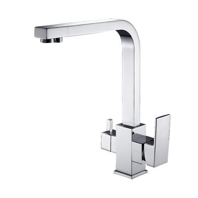 China Modern Chrome Double Handles Hot And Cold Mixer Drinking Water Filter Kitchen Faucet 3 Way Sleek Faucet for sale