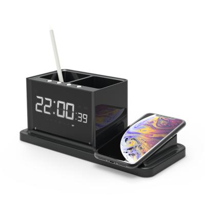 China 2019 Innovation Product Dual USB Wireless Phone Charger Mobile Phone Charger Desk Organizer With Alarm Clock for sale