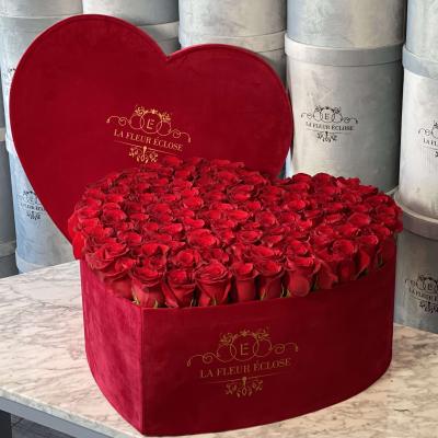 China Recyclable Customized LOGO Printing Heart Shaped Velvet Flower Box for sale