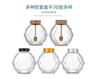 China 380ml Freshness Preservation Glass Honey Jar Empty Hexagonal Honey Jars Unique Geometric Unique Shape Glass With Plunger for sale