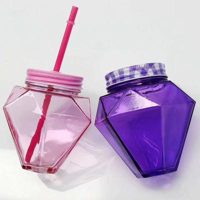 China Freshness Retention Unique Diamond Shaped Pink Glass Mason Jar with Metal Lid and Plastic Straw for sale