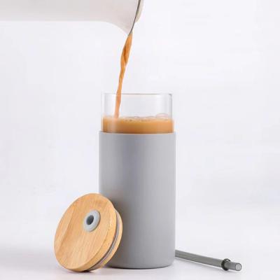 China Customized Eco Friendly Hot Sale Borosilicate Silicone Sleeve Glass Water Cup With Bamboo Lid And Straw for sale