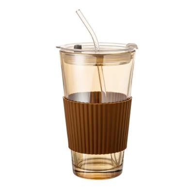 China Eco Friendly Hot Sale Coffee Mug Water Amber Clear Glass Cup With Straw for sale