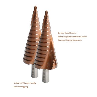 China 3Pcs HSS Metric Steel Titanium Metal Drilling Triangle Shank Spiral Groove Pagoda Shape Hole Cutter 4-12/20/32mm Cone Step Drill Bits Sharpening Set for sale