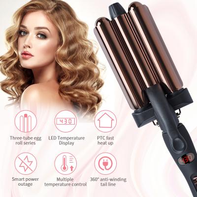 China LCD Display 1 Inch Tourmaline Ceramic Triple Barrels Dual Tension Crimp Three Barrel Curling Iron Wand With LCD Temperature Display for sale