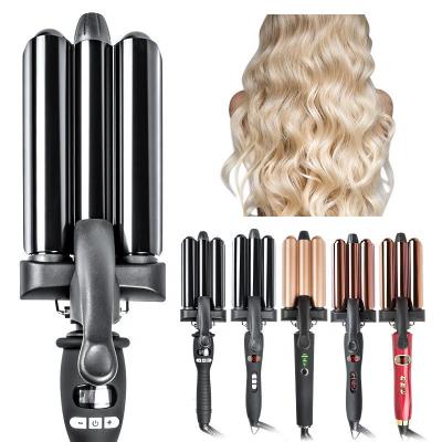 China Ceramic LCD Display Triple Barrel Hair Curler With LCD Display Mermaid Wave For Deep Wave Beach Wave Pink Hair Wave for sale