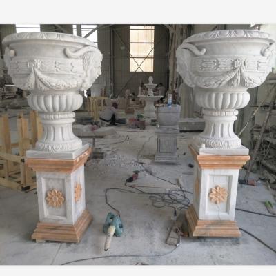 China Large Durable And Artistic Outdoor Decor Garden Around White Marble Stone Planters Flower Pots for sale