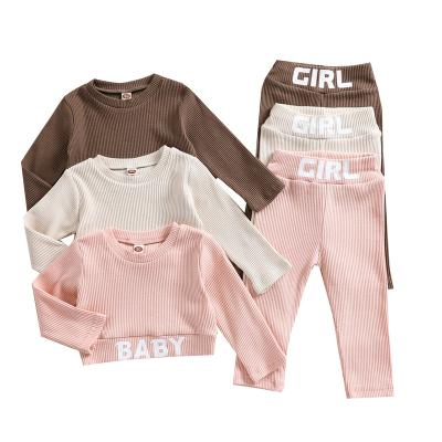 China Kid Plus Size Girl Ribbed Letter Printed Long Sleeve Crop Top Pants Set Little Girl Clothing 2 Piece Outfit Sets for sale