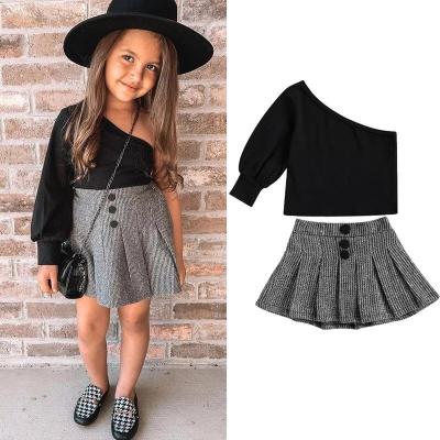 China Plus Size Little Girls Skirt Suit Long Sleeve One-Shoulder T-Shirt + Gray Mini Pleated Skirt Set Wholesale for sale