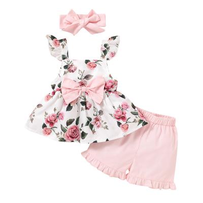 China Other Kids Girls Suit Summer Baby Top Color Sleeveless+Solid Printed Lace Shorts Headband Dress Up Set for sale