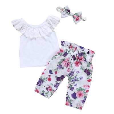 China Girls Anti-Shrink Explosive Cotton Summer Side Shoulder Around Neck Lantern Pants Head Floral Knot Three Piece Set for sale