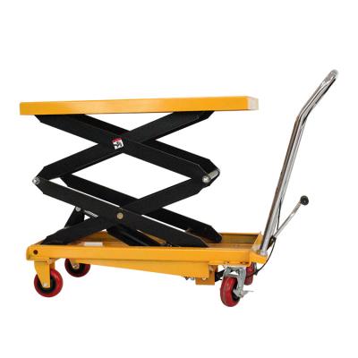 China Hotels scissor fork type wheeled lift table mobile foot hydraulic lifting platform car for sale