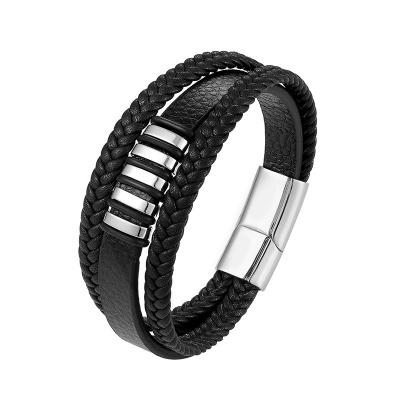 China Hiphop fashion stainless steel charm color men magnetic bracelet punk rock bracelets jewelry genuine leather braided accessories for sale