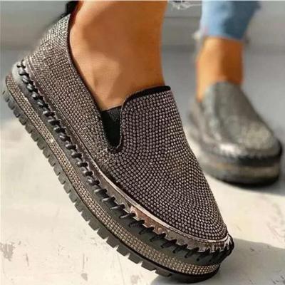 China Shiny Rubber Round Toe Thick Sole Platform Bling Rhinestone Women Flats Seam Slip On Female Sneakers Ladies Luxury Sneakers for sale