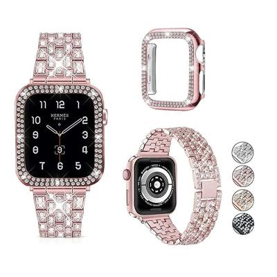 China Luxury Watch Band And Case Strap For Iwatch Strap 44mm 40mm 38mm Stainless Steel Diamond Watch Band And Case For Apple Watch Se 6 5 Series 7 for sale