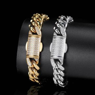 China Verena Dropshipping 12mm White/14K Non-fading 5A CZ Gold Plated Wand Iced Out Diamond Hip Hop Jewelry Cuban Link Bracelet for sale