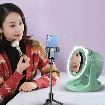 China Equipped with mirror 1200mAh Type-C Rechargeable Cooling wind mini home office electric desktop Mirror table fan with led light for sale