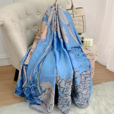 China Newest Style 180X90CM Long Style Four Seasons Shawls Fashion Popular Luxury Silk Flower Scarf Factory Wholesale Print Beach Handkerchief Scarf for sale