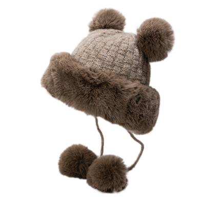 China COMMON autumn and winter ladies cute hooded hat plus velvet padded woolen warm ball knitted earmuffs wool hat for sale