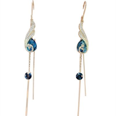 China Trendy Blue Peacock Phoenix Crystal Tassel Earrings Long Earrings for sale