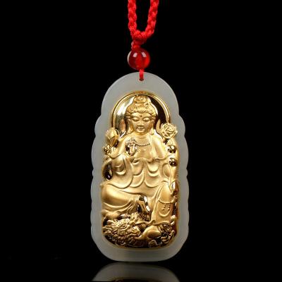 China Natural Hetian Jade Guanyin Pendant Gold Inlaid Religious Gift Jewelry Factory Wholesale for sale